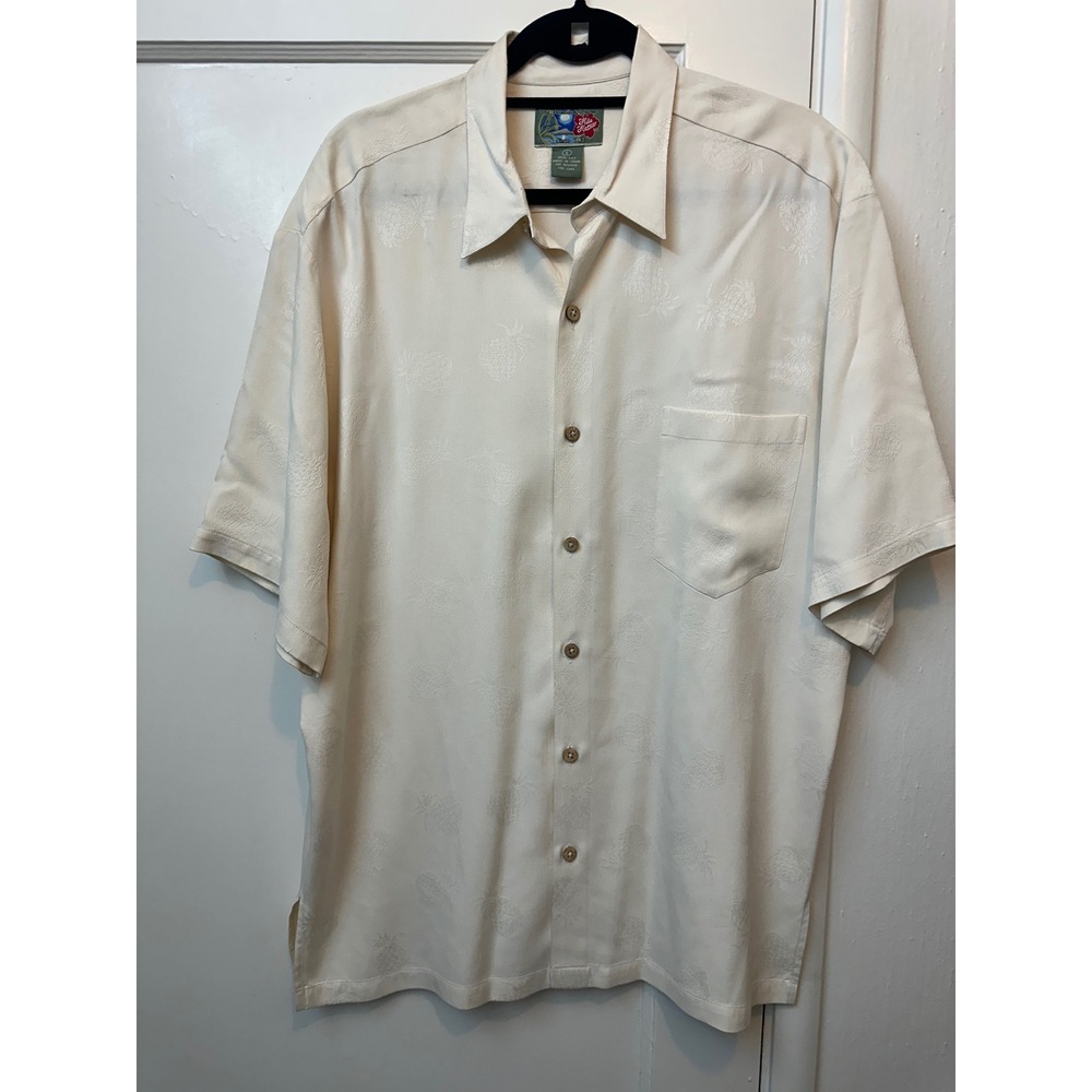 Hilo Hattie Mens Large Silk Aloha Shirt Cream Pineapple Jacquard Short Sleeve
